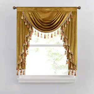 VOGOL Thick Velvet Curtains Valance for Bedroom Gold Thermal Insulated Luxury Waterfall Valances for Formal Living Room Rod Pocket Top W39 Inches 1 Panel Vintage Style Decorative with Tassels