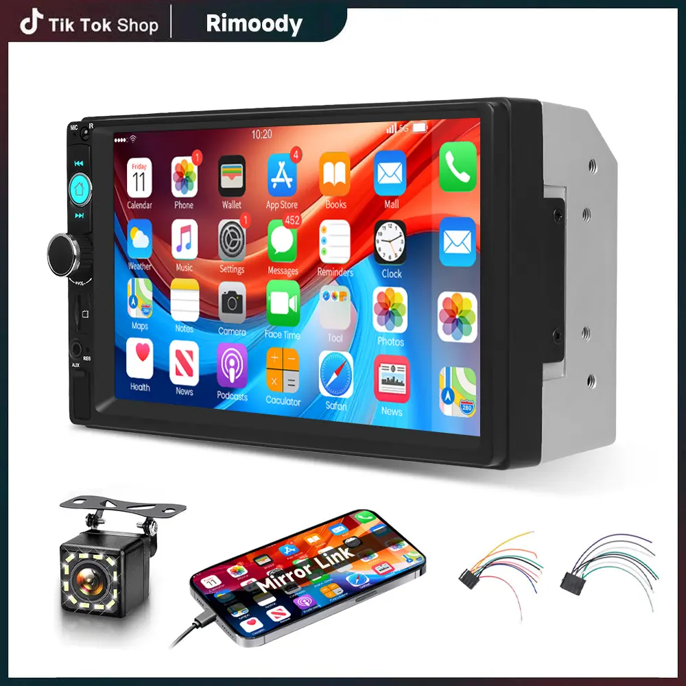 Rimoody 7inch Car Stereo Double Din Radio Touchscreen with Backup Camera Multimedia Car Audio Support Mirror Link,Bluetooth Call/Music,FM,MP5 Player,USB,Charge,SD Aux Double Din Car Audio Receivers