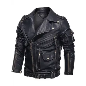 Men's Multi-Pocket PU Leather Jacket, Stylish, Zip Up, Motorcycle Style, Autumn/Winter Casual Collar