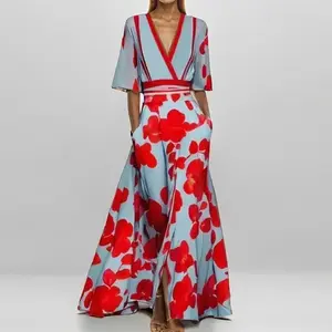 Style European and American Women's Fashion Elegant Temperament V-Printed Gathered Large Hem Long Dress