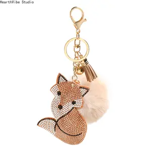 Creative Cartoon Fox Rhinestone Keychain — Stylish Faux Fur Pom-Pom Charm, Accessory for Bags & Cars, Small Gift