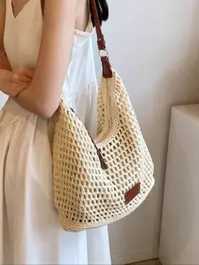 Beach Vacation Woven Straw Bag, New Hollow Out Shoulder Bag, Large Capacity Commuter Tote, Stylish and Durable Beach Accessory, Crochet Shoulder Bag