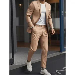 Men'S 2pcs Suit Set, Including Jacket and Trousers, Fashionable Formal Wear, Suitable for Parties, Gatherings, and Weddings, Solid Color, Long Sleeve, Button Detail, Slim Fit, All-Season, Non-Stretch Fabric, Lapel Collar, Suitable for Men pocketsquare pan