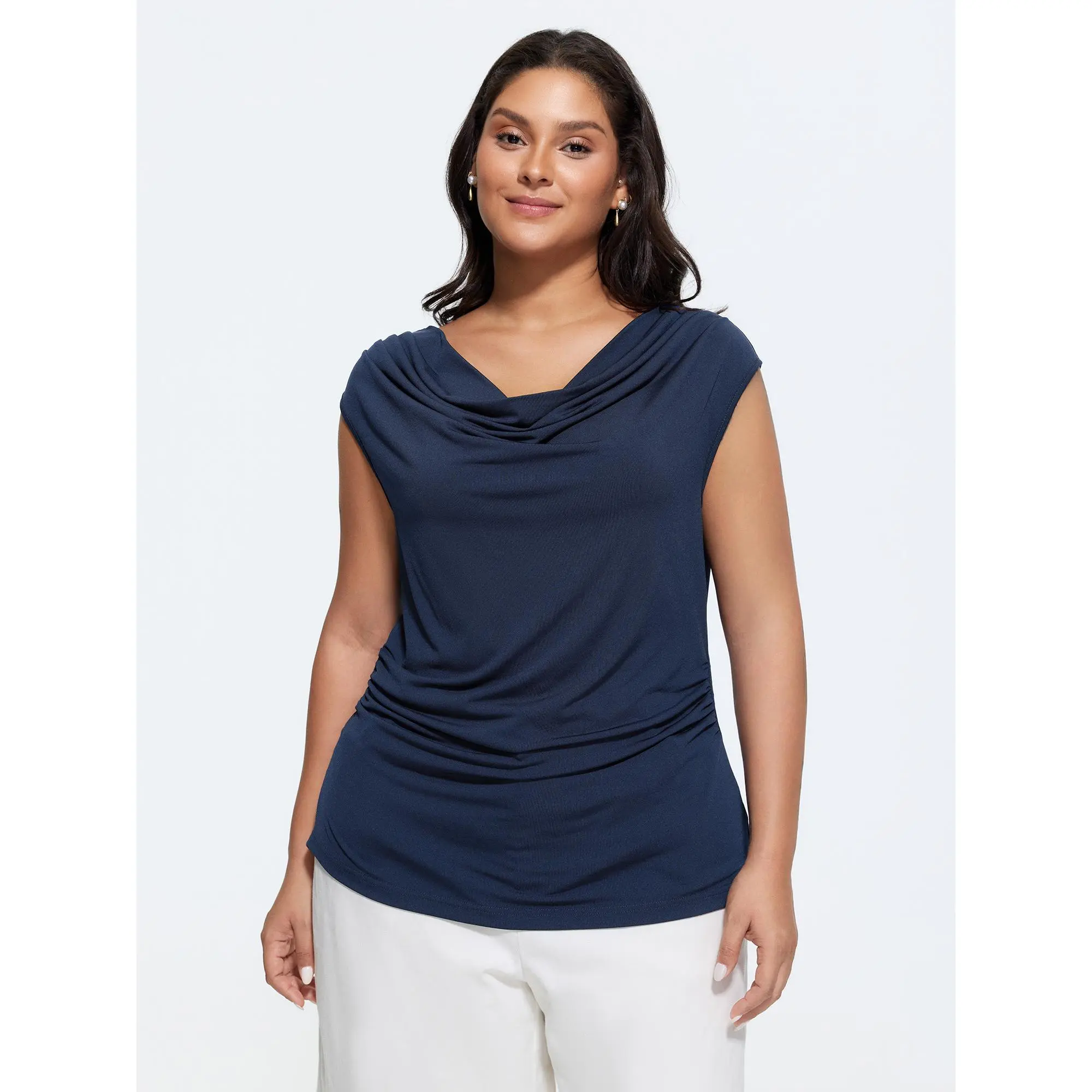 BloomChic Women's Plus Size Timeless Cowl Neck Fitted Plain Pull-On Top - Stretchy Solid Ruched Cap Sleeve Cropped Knitwear, Machine Washable, Spandex Elastane Fabric, Casual Basic Shirt