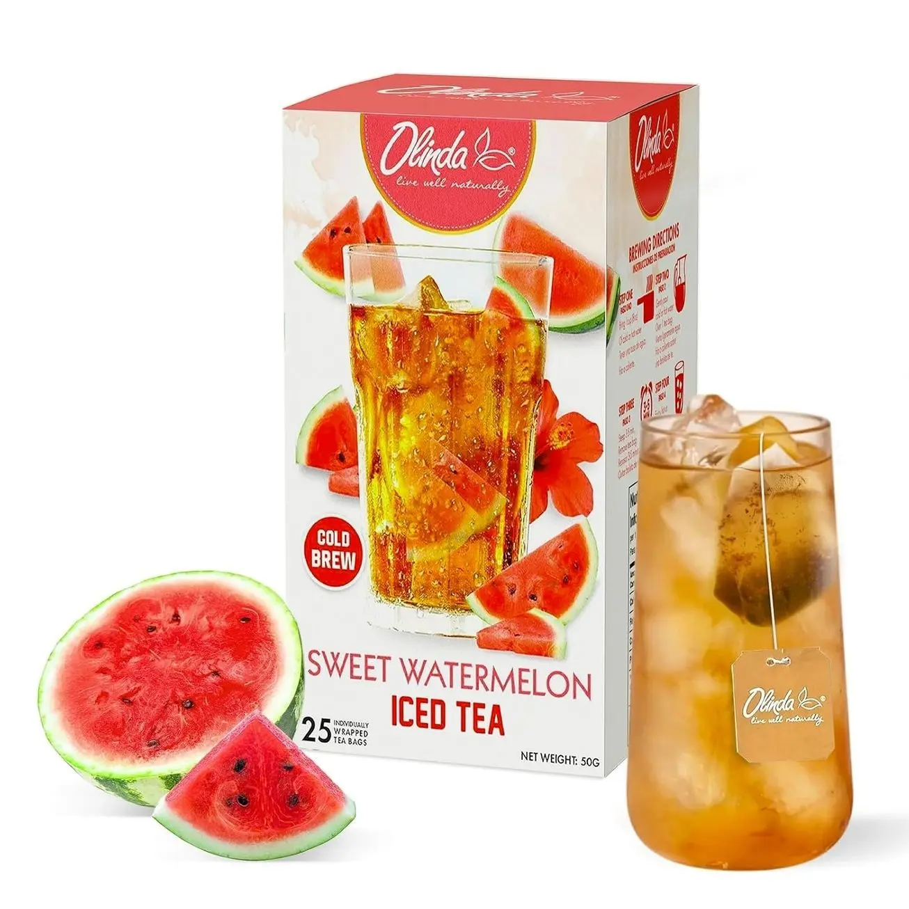 Olinda Iced Tea Sweet Watermelon Iced Tea Bags Cold Brew Herbal Green Tea Summer Drink Hot and Cold Brew Natural Sucralose Sweetened Fruity Flavored Healthy Caffeinated Tea