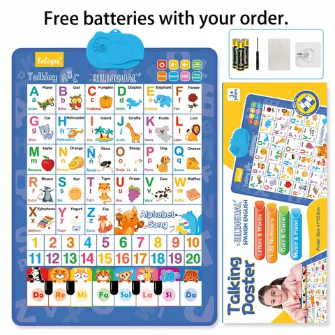 Spanish-English Bilingual Audio Early Education Wall Chart - Reusable, Waterproof Language Learning Toy with Hooks, Finger Piano, Cognitive English Sound, Point Reading Book, Classroom Interactive Equipment (for Kids)