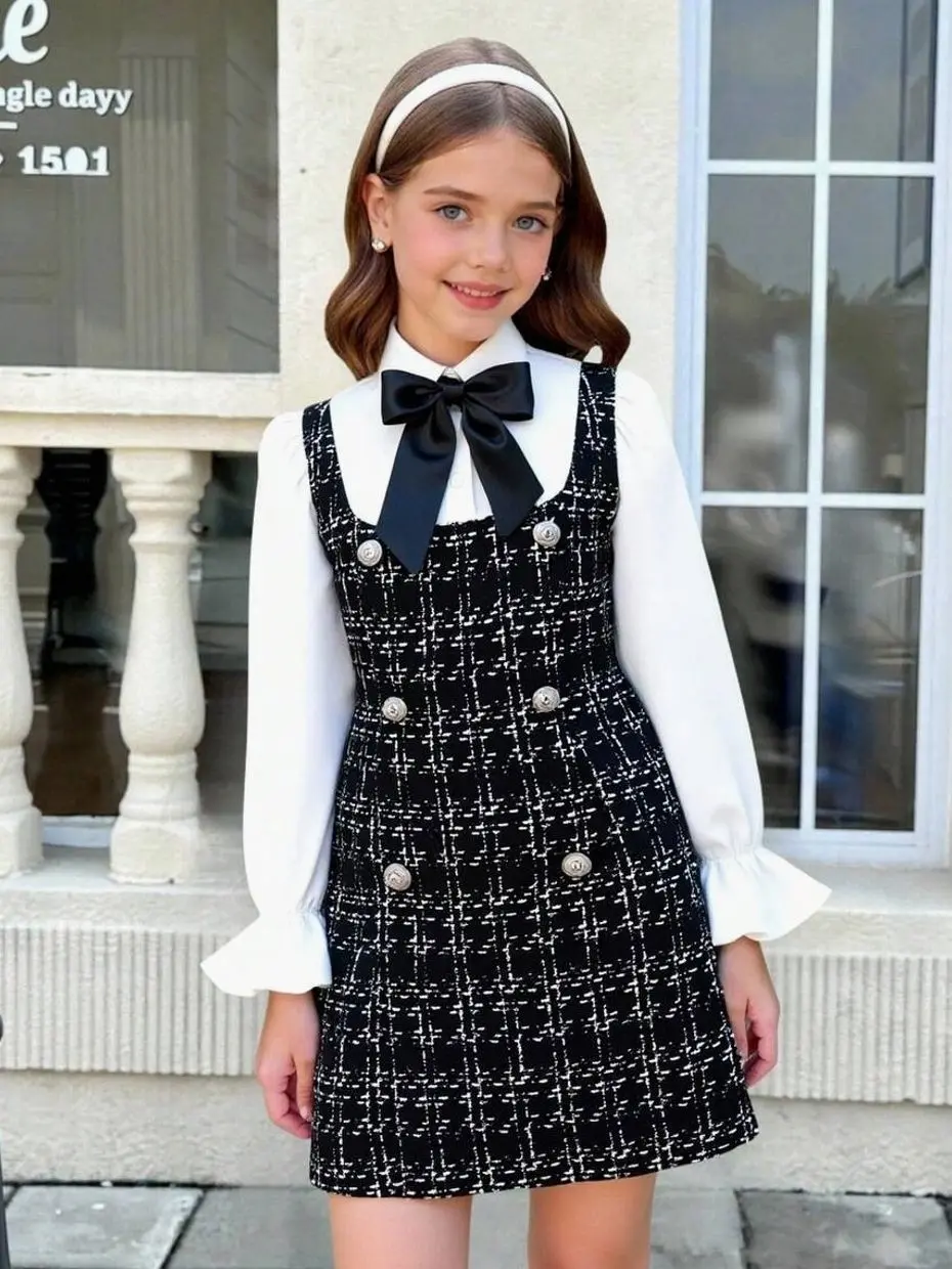 Tween Girl Patchwork Collegiate Dress - Contrast Color, Bow Decor - Tweed Clothing Style