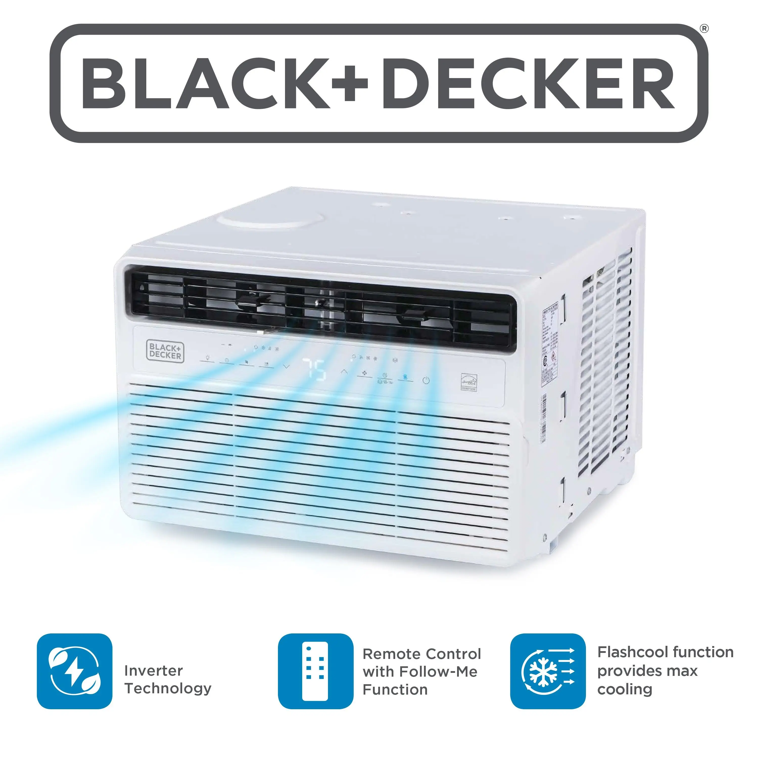 BLACK+DECKER 12,000 BTU Inverter Window Air Conditioner, Window AC Units for Up To 550 Sq. Ft., ENERGY STAR Rated AC Unit, Full Function Remote Control, BD12NWES, White