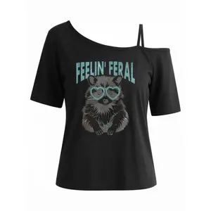 Womens Asymmetrical One Shoulder Cold Shoulder Short Sleeve Top Black Funny Raccoon Graphic Tee Casual Loose Fit Going Out Streetwear