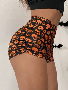 Halloween Skeleton Print Short Ankle Length Leggings - Spooky Orange Skull Design for Festive Occasions