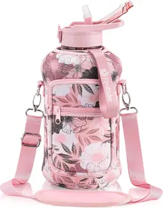 64 oz Half Gallon Water Bottle with Pop-Up Straw & Insulated Neoprene Sleeve BPA Free Leakproof Reusable Tumbler with Time Marker for Fitness Travel Sports