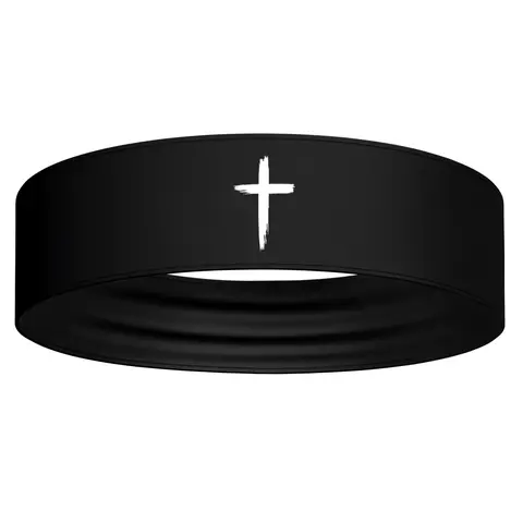Black White Distressed Cross Stretch Headband - Christian Jesus Faith God Workout Sweatband Football Basketball Soccer Running Baseball Softball Weightlifting Wrestling Athletic Fitness Accessories Bible Verse Head Band Sweat Band Bandana