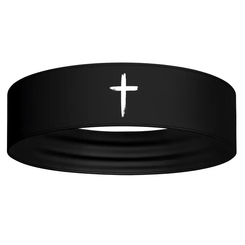 Black White Distressed Cross Stretch Headband - Christian Jesus Faith God Workout Sweatband Football Basketball Soccer Running Baseball Softball Weightlifting Wrestling Athletic Fitness Accessories Bible Verse Head Band Sweat Band Bandana