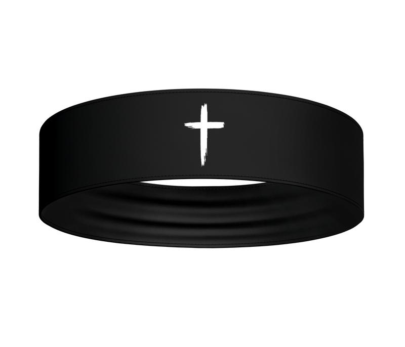 Black White Distressed Cross Stretch Headband - Christian Jesus Faith God Workout Sweatband Football Basketball Soccer Running Baseball Softball Weightlifting Wrestling Athletic Fitness Accessories Bible Verse Head Band Sweat Band Bandana