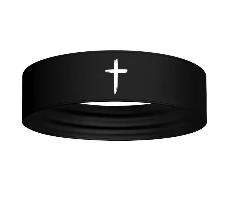 Black White Distressed Cross Stretch Headband - Christian Jesus Faith God Workout Sweatband Football Basketball Soccer Running Baseball Softball Weightlifting Wrestling Athletic Fitness Accessories Bible Verse Head Band Sweat Band Bandana