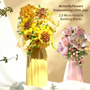 Artificial Rose Bouquet Kit With Vase,Flower 2.5 Micro-Brick Colorful building blocks Set,Romantic assembly toy,DIY Sunflower plant for Kid,Adults Puzzle,Valentine's Day,Girl Gift,Desk Decor,Relief Stress,Memeorial Day,Christmas,Creative Hobby,Collectibe