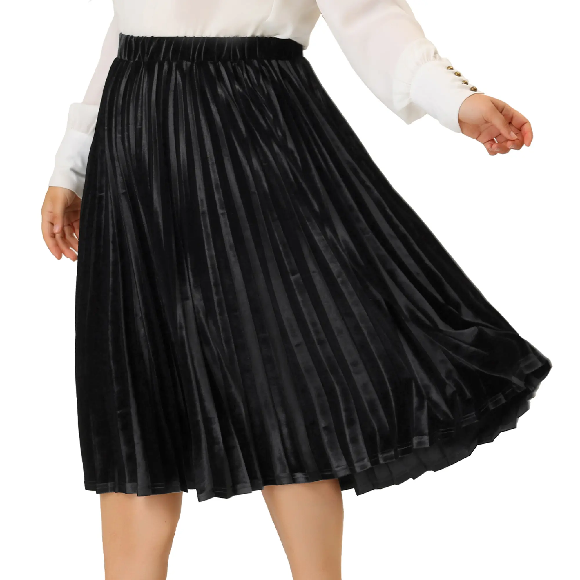 Agnes Orinda Plus Size Velvet Elastic Waist Metallic Accordion Midi Pleated Skirts