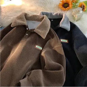 New Vintage Corduroy POLO Collar Oversized Sweatshirt Streetwear Loose Pullover Thick Velvet Winter Clothes Couples autumn and winter style Vintage streetwear vacation Winter outfits Long Sleeve