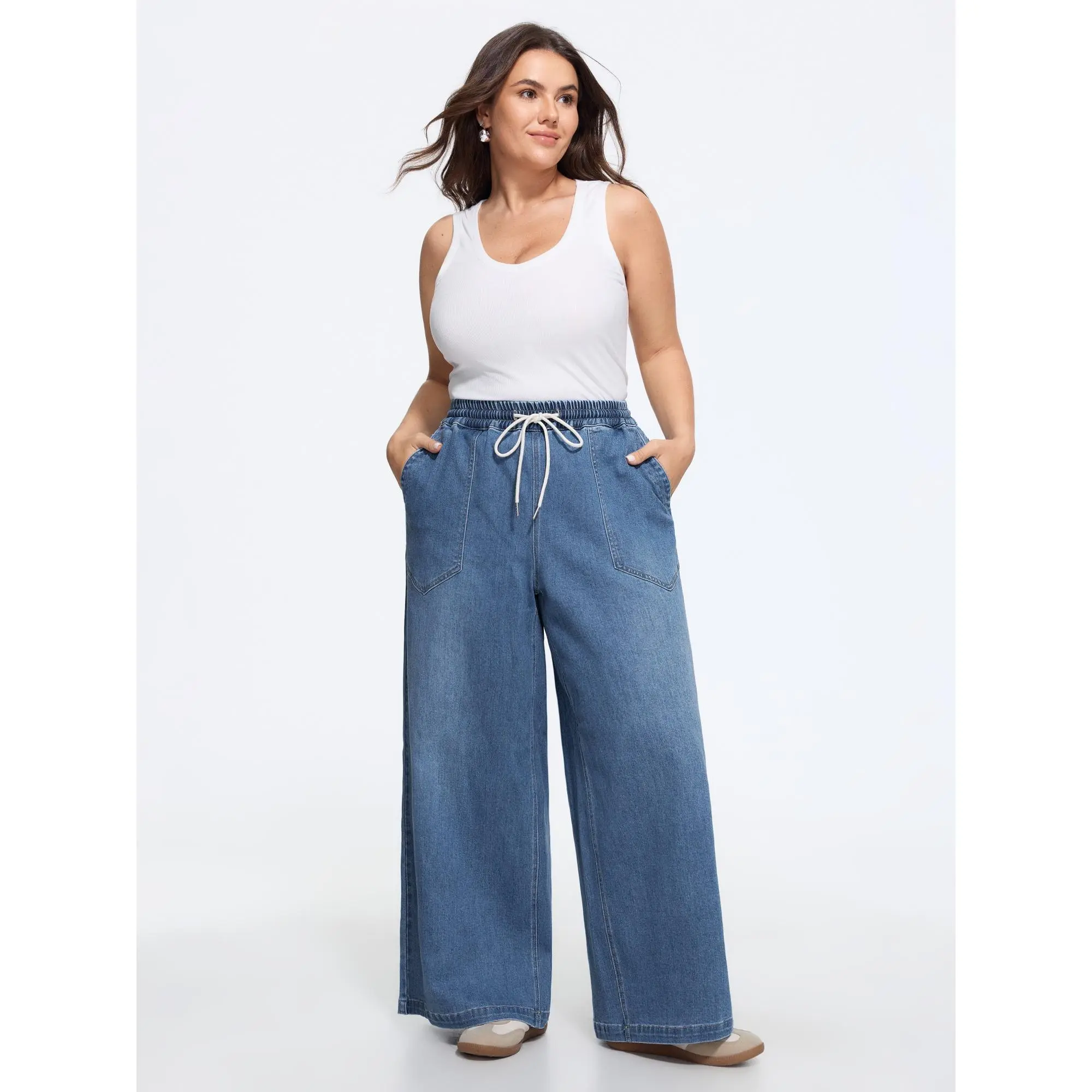 BLOOMCHIC Plus Size Stretchy Drawstring Waist Pocket Wide Leg Jeans[M-6X] Summerfinds