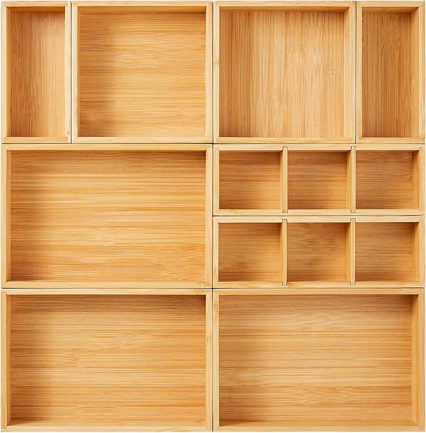 Durable Bamboo Drawer Organizer Set - Set of 9 Rectangle Trays, 2 in H Bamboo Drawer Dividers, Organizer Storage for Kitchen Utensils, Office Desks