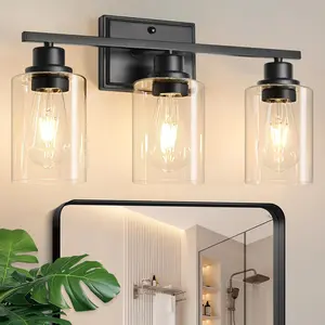 3 Light Bathroom Light Fixtures, Modern Vanity Lights Over Mirror, Black Wall Lamp with Clear Glass for Living Room Cabinet Bedroom Porch