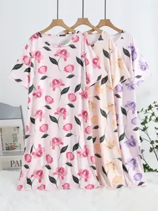 Women's Plus Size Casual Knit Dress Set, Floral Print Three-Piece Outfit Pajamas, Short Sleeve Sleepwear Loungewear for All Seasons