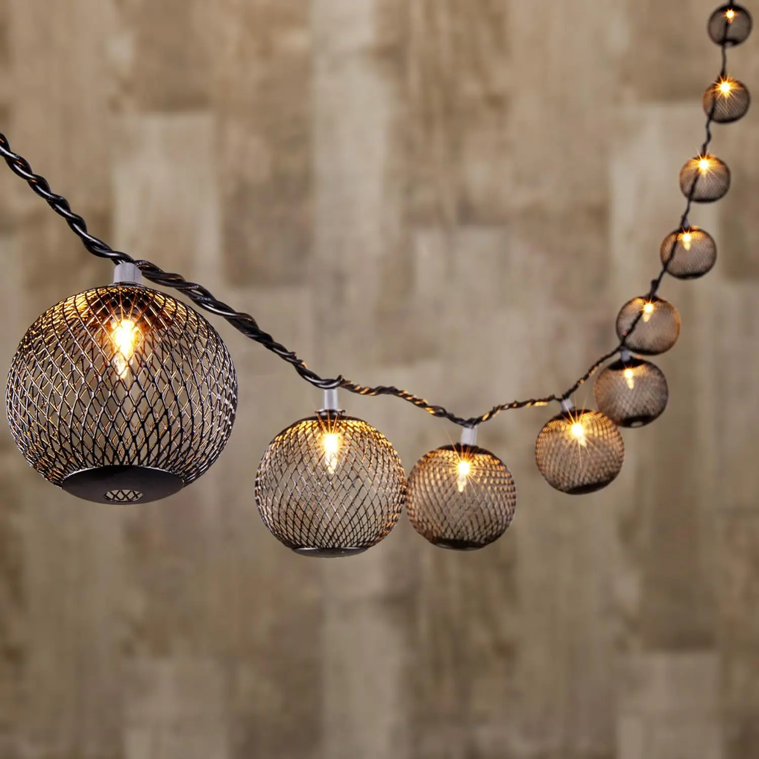 Plug-in Decorative Lantern String Lights with 10 Iron Coating Black Metal Ball Lampshades, 102in, 2.56in Diameter, AC Power, Waterproof Connectable, Easy to Install for Bedroom, Patio Decor, Yard Decor