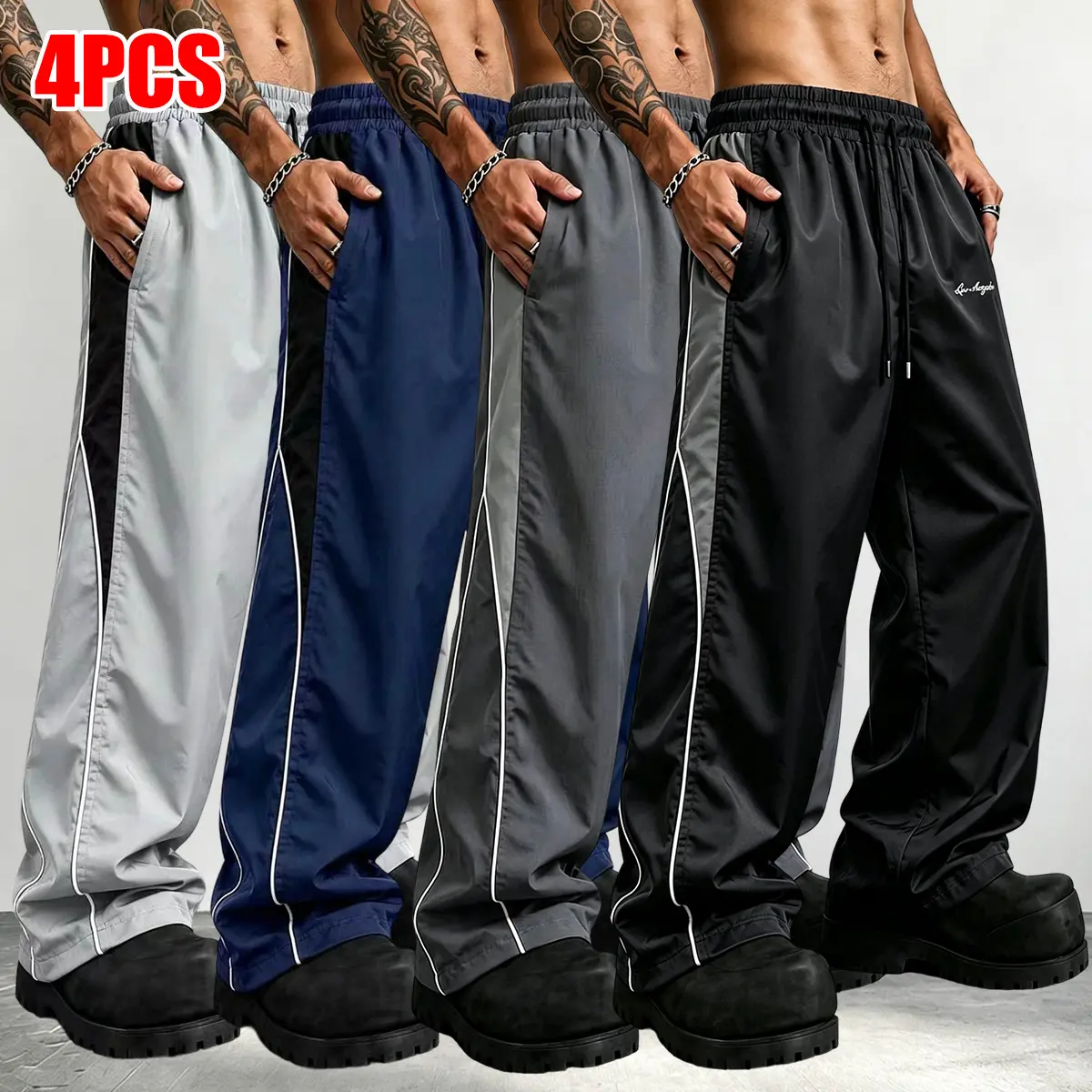 Men’s Polyester Loose-Fit High-Street Wide-Leg Sweatpants - Color-Block Design, Side Stripes, Drawstring, LA Print, Fluid Drape, Multi-Size, All-Season Lightweight Casual Pants for Spring & Autumn, Urban Street