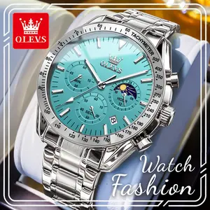 OLEVS 3618 Men’s Chronograph Watch, Tiffany Blue Dial with 24H Indicator, Steel Strap, Luminous & Water Resistant Elegant Fashion Wristwatch