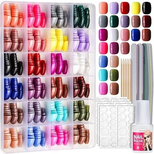 Press on Nails Short, 24 Packs 576PCS Short Round Press on Nails, 24 Glossy Color Small Fake Glue on Nails with 7g Nail Glue, 24 Color False Nail for Small Nails and hands