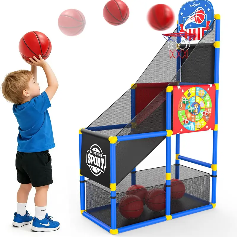 EagleStone Kids Basketball Arcade Game Kit - Adjustable Height Hoop, Dartboard, Easy Setup, BPA Free, Safe Indoor/Outdoor Sports Toy for Boys, Ideal for Birthday & Back to School Fun, Kid Stuff for Boys