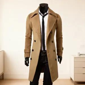 Men's Slim Fit Double Breasted Long Coat - Autumn Winter Solid Color