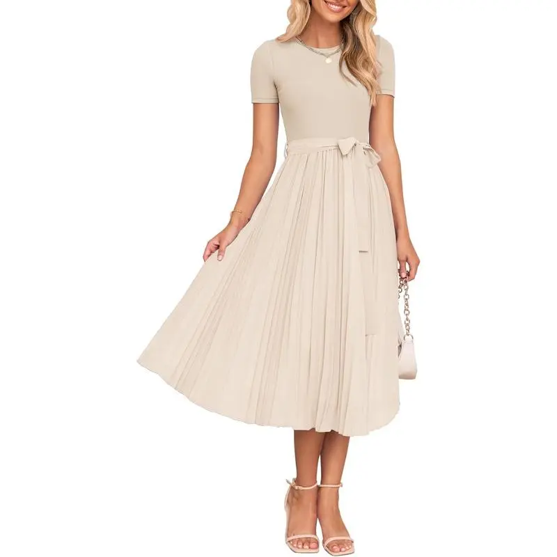 ZESICA Women's Short Sleeve Knit Midi Dress – Belted Crew Neck Pleated A-Line Flowy Dress, Elegant Look for Fall Wedding Guests, Work, Travel ,Wedding Guests& Halloween Events 2026