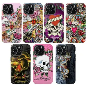 Pink Ed Hardy Skull Leopard Tattoo iPhone Case Aesthetic Y2k Trendy Tiger Ed Hardy Collage Phone Case for iPhone