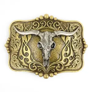 Texas Longhorn Skull Western Belt Buckle - Vintage Cowboy Rodeo Bull Skull Antique Brass - 3.5" x 2.75" Fits 1.5" Belts