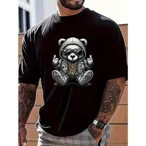 Men's plus size heavyweight cotton T-shirt - light gray bear pattern short sleeved shirt