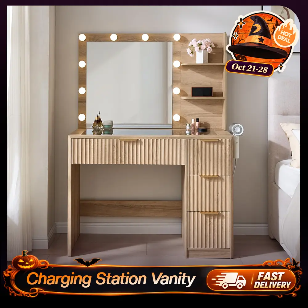 AMERLIFE 36.2/47.2" Fluted Vanity Desk with Mirror and Adjustable LED Lights, Large 4/7 Drawers Makeup Table with Glass Top and Charging Station for Women and Girls,,Best Gift Ideas,Lighted Vanity Table  #TikTokShopBlackFriday #cozy home