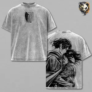 Mikasa x Eren Anime Washed Tee – Attack on Titan Vintage Manga Graphic T-Shirt, Tragic Anime Love Aesthetic Red Scarf Promise Streetwear, Heartbreak Story Outfit, Oversized Trendy Otaku Gift, Hypebeast Anime Fashion Tee