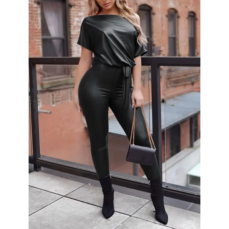 Elegant Women's Off-Shoulder Solid Black Jumpsuit - Chic Coated Finish with Tie Waist, Short Sleeves, Machine Washable, Polyester & Spandex Blend