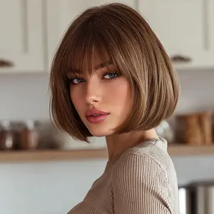 Smilco/10 Inches Classic Brown with Bangs Machine-Made Sleek Look Straight Wig for Women/SM7271 Chic Bob Cut & Rich Brown Tone - Ready-to-Wear