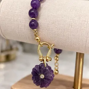 Amethyst  Beaded Bracelet with Gold Charm – Elegant Purple Gemstone Jewelry