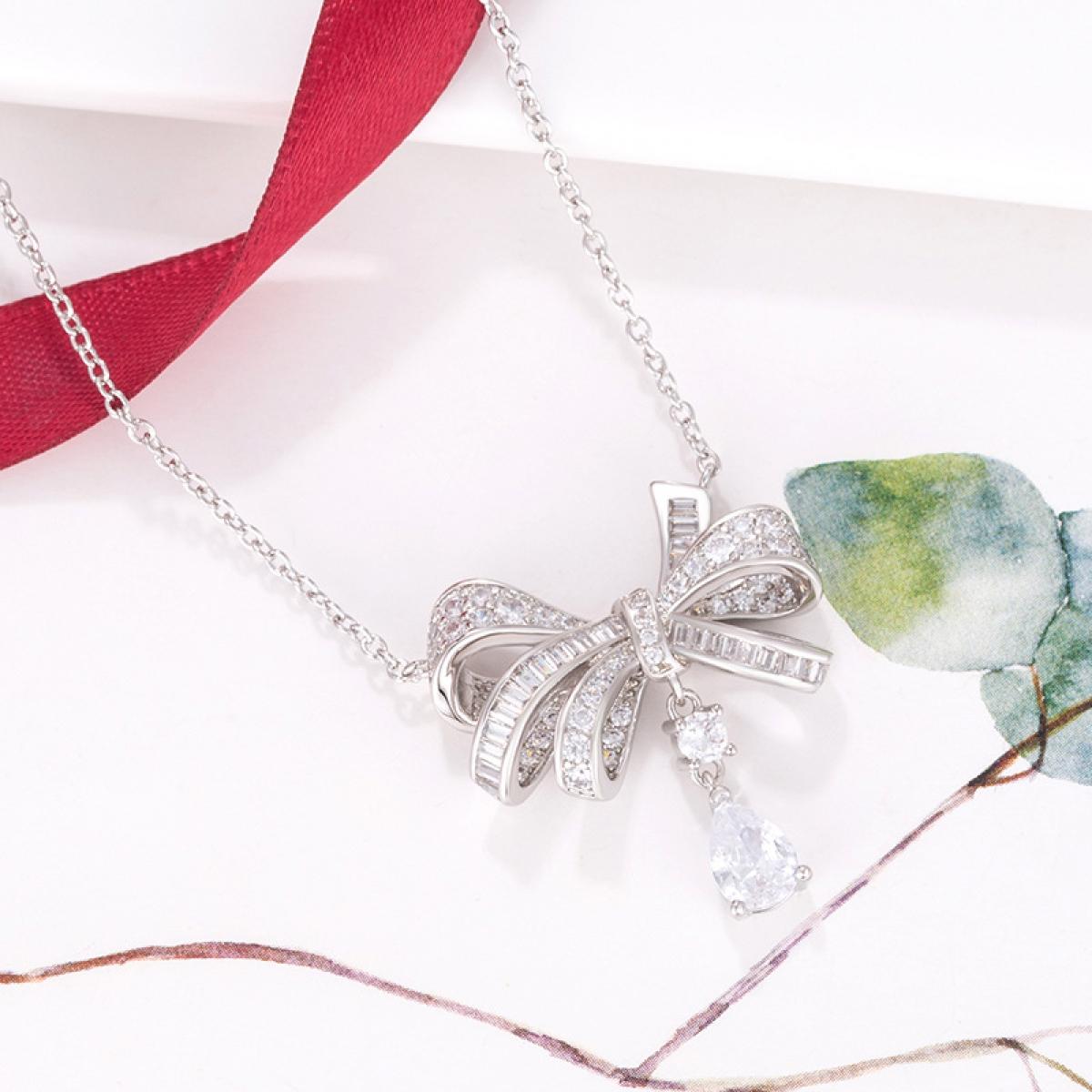 Elegant Sparkling Bow Pendant Necklace for Women, Dainty Ribbon Charm with Teardrop Drop, Luxury Statement Jewelry for Wedding, Party, Prom, Perfect Gift for Girlfriend, Birthday, Valentine's Day, Trending Fairy Aesthetic Accessory