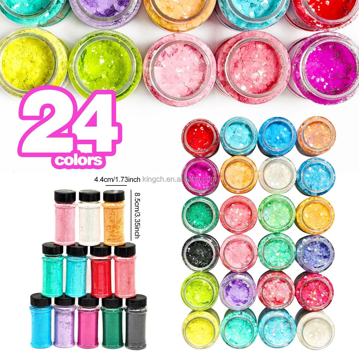 US Warehouses 24 Bottles Holographic Chunky Glitter for Art Nail Slime Tumbler Jewelry Making Epoxy Resin Sequin Flake Sparkle