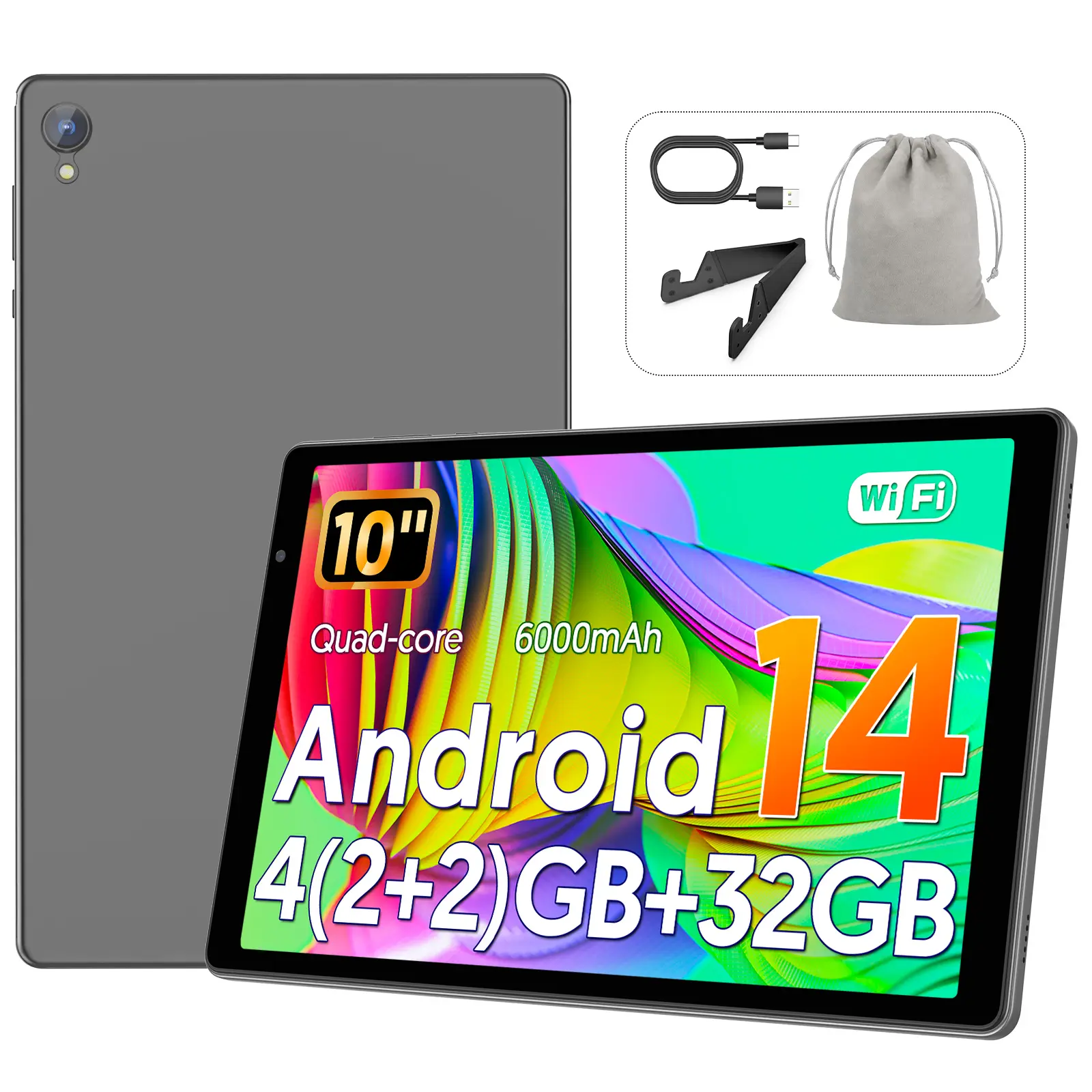 10-Inch 2026 Android 14 Tablet with Quad-Core, 2GB RAM + 32GB ROM, Wi-Fi, 1280×800 IPS Display, 6000mAh Battery, Fashionable Colors, Dual Camera for Education & Entertainment, Ideal for Gifting