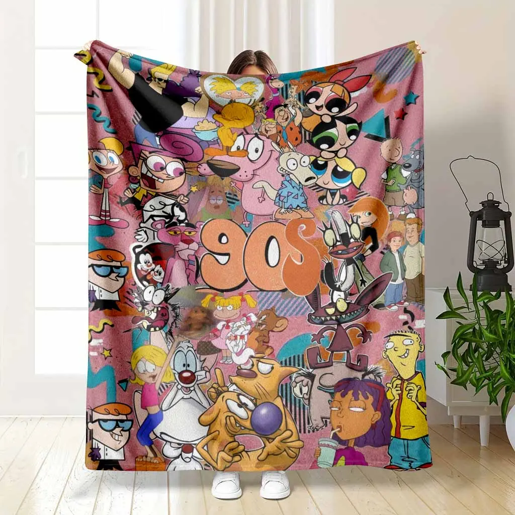 90s Nostalgic Cartoon Character Collage Pattern Flannel Fleece Blanket, Wrinkle Resistant Ultra-Soft Lightweight Plush Warm Throw (30*40inch Small for Babies, 50*60inch Medium for Teens, 60*80inch Large for Adults) for Bedroom, Home Decor, Birthday Gifts