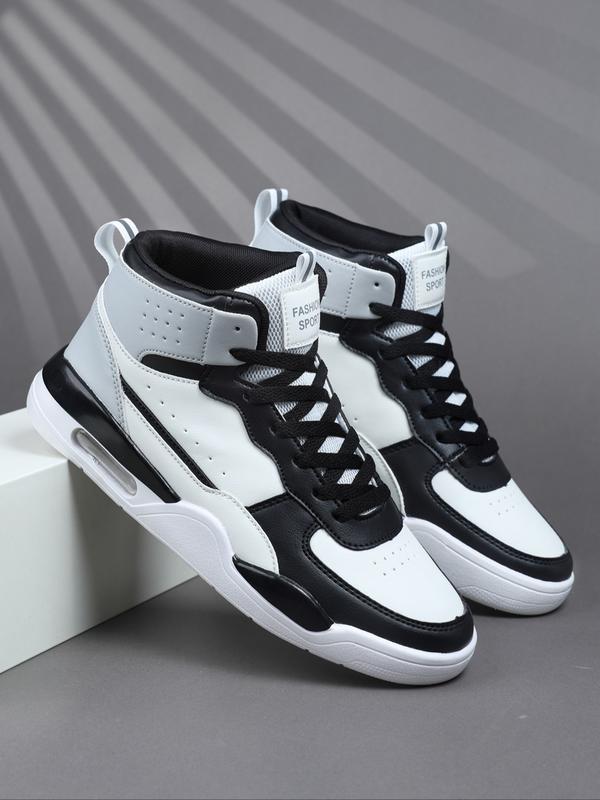 High Top Men's Stylish Basketball Shoes, Casual, Comfortable Breathable Lace-Up, Air Cushion Sole, Patchwork Design, PU Leather, All Seasons