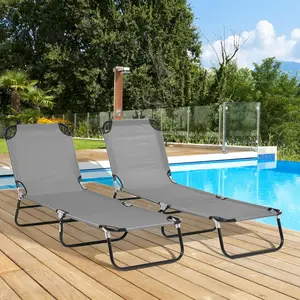 2 Pieces Pool Chaise Lounge Chairs Folding with 5-Level Reclining Back Steel Frame Dark Gray Outdoor Ready Lounger for Beach Patio