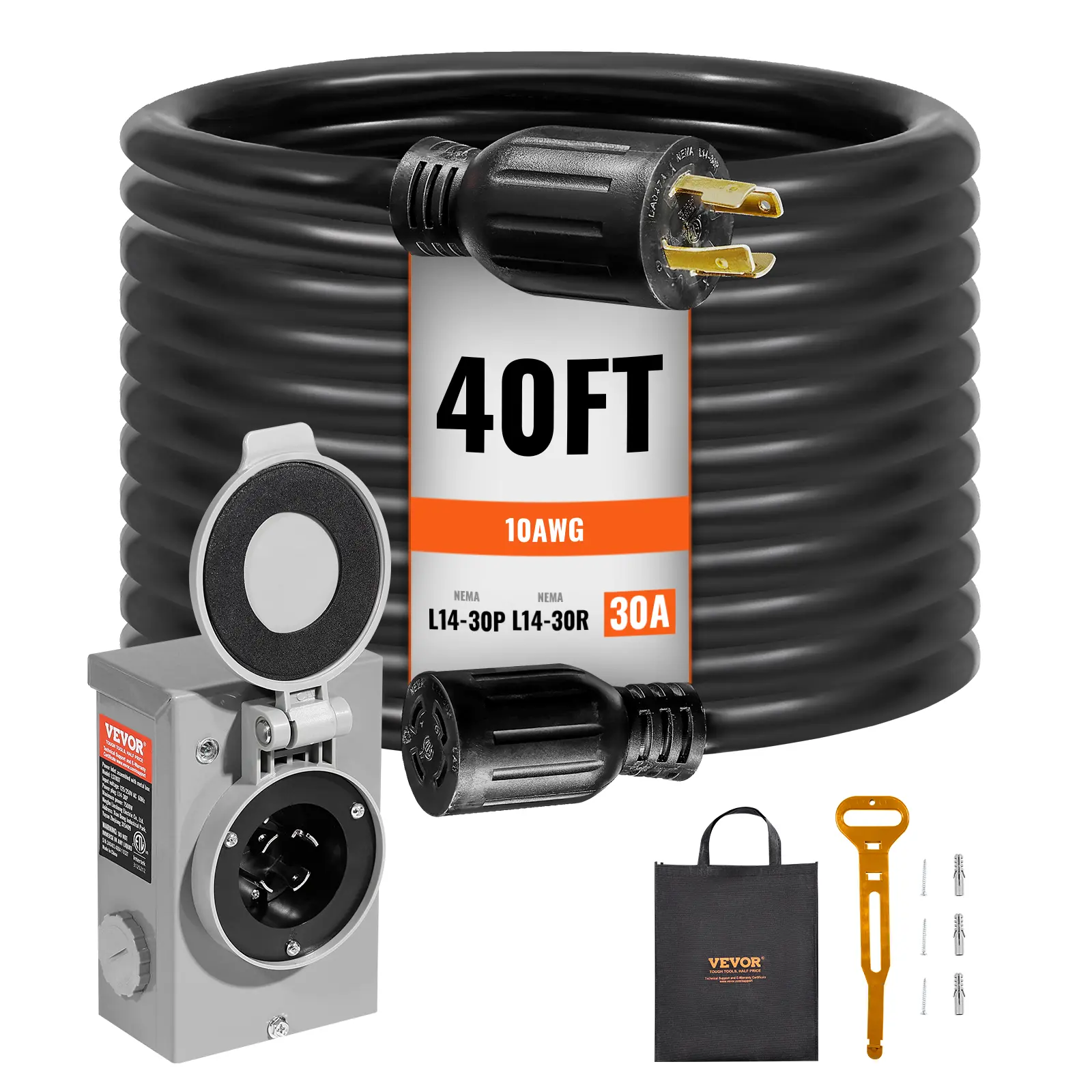 【summerfinds】VEVOR 30 Amp Generator Cord and Power Inlet Box Kit, 40 FT, NEMA L14-30P/L14-30R STW 10 AWG Generator Power Extension Cord with Twist Lock Connector, Pre-Drilled Inlet Box for RV Outdoor, ETL Listed