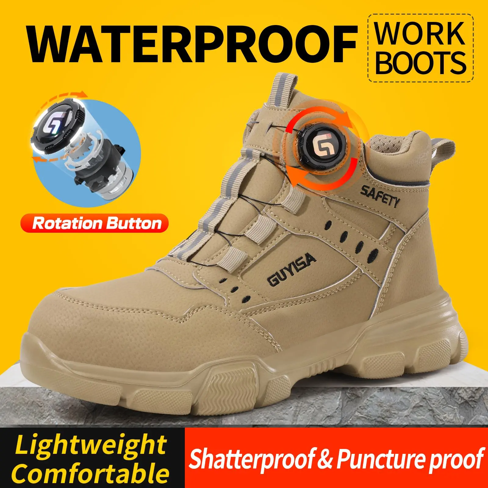 GUYISA Mid-cut Steel Toe Safety Shoe Lightweight Steel Toe Boots Indestructible Men's Work Shoes Laceless Construction Boots Waterproof Work Boots for Men High Top Steel Toe Shoes for Men Steel Toe Work Work Safety Sneaker Outdoor Work