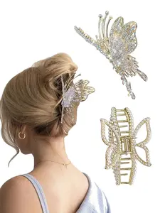 2pcs Shiny Pearl Butterfly Hair Claw Clips, Hair Clip Set, Rhinestone Butterfly Hair Barrettes, Casual Style Accessories for All Hair Types